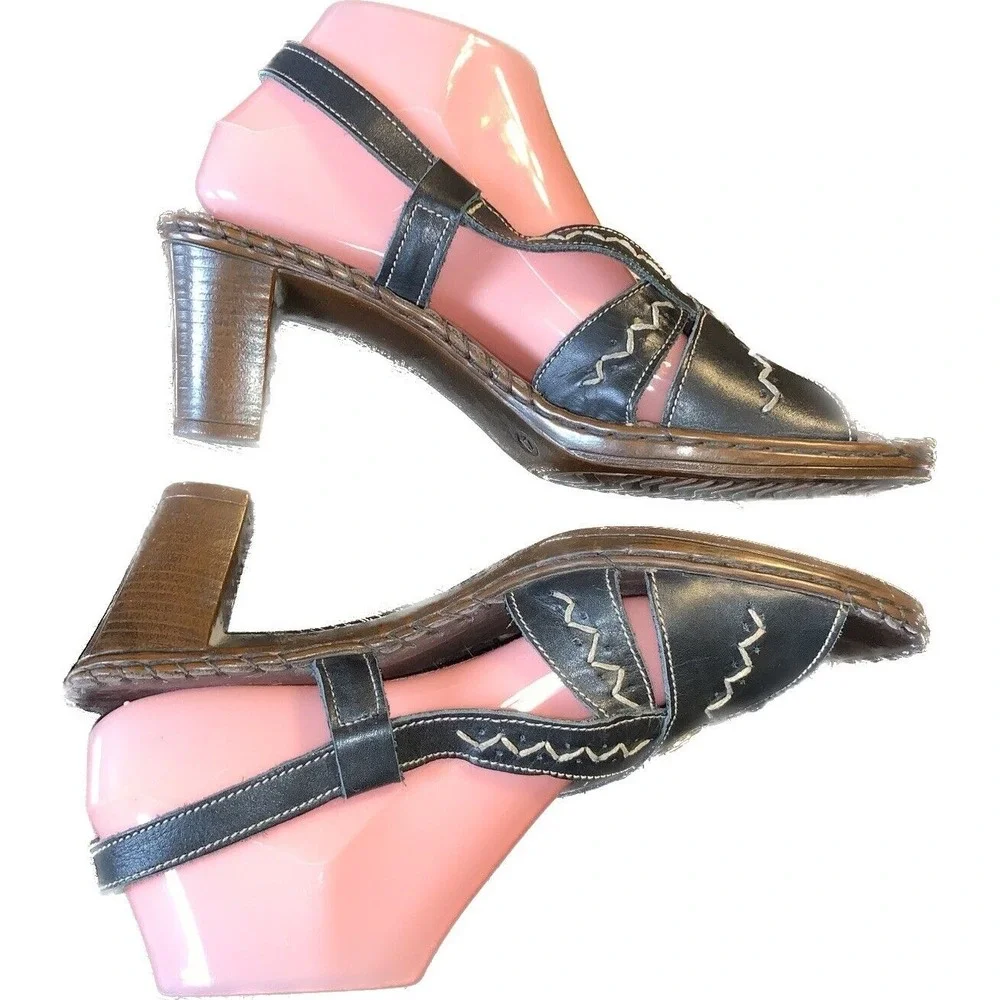 Slingback High Heeled Leather Sandal Women 8-8.5 Black Strappy Stitching Accents